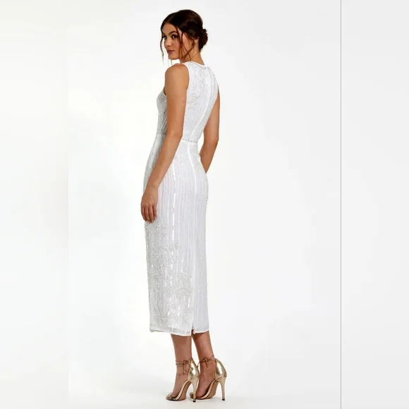 NWT Mac Duggal 70260 White Striped Beaded Floral Embellish Sleeveless Midi Dress - Picture 8 of 16